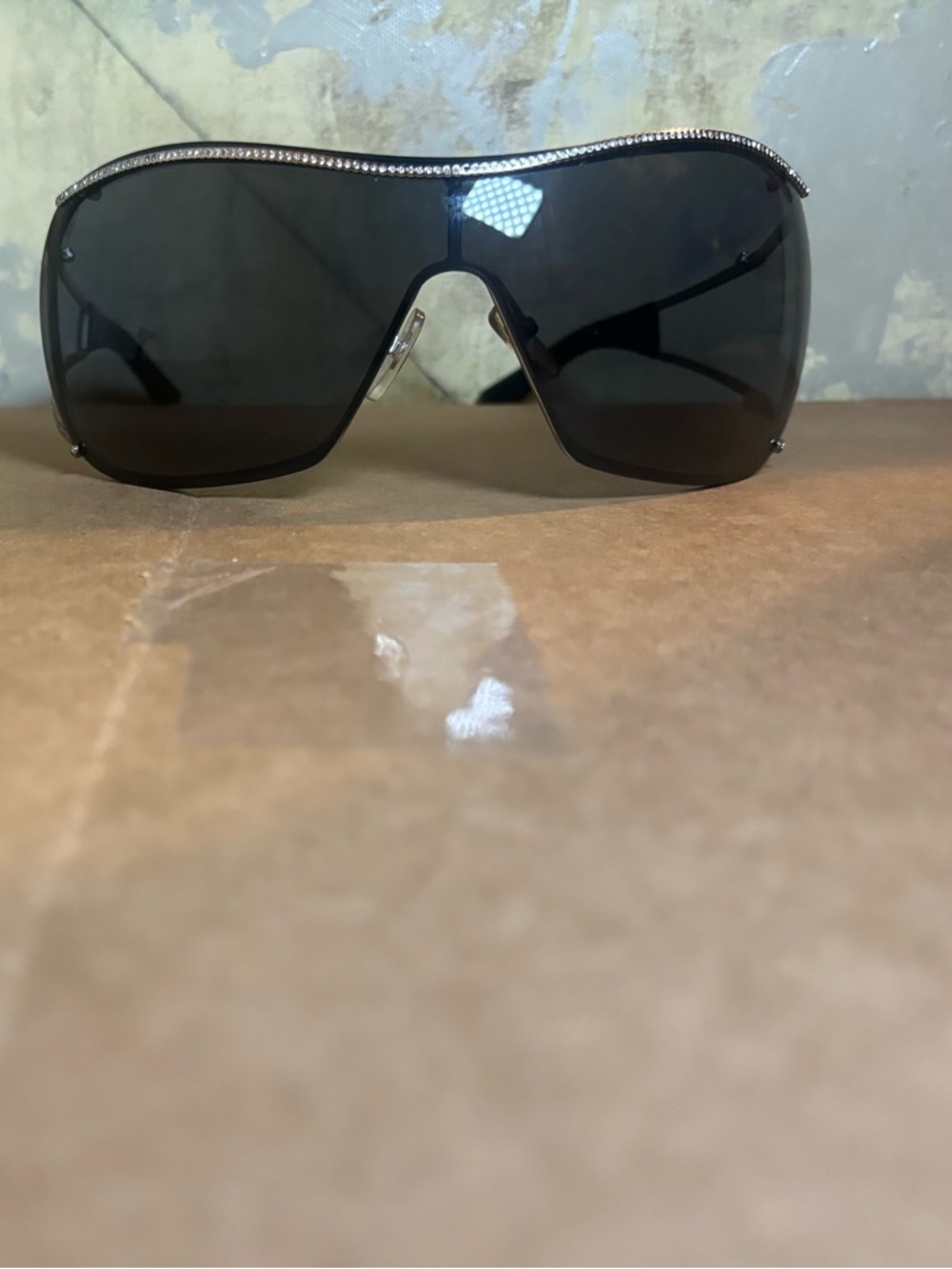 Valentino Black Oversized Shield Sunglasses with Crystal Trim